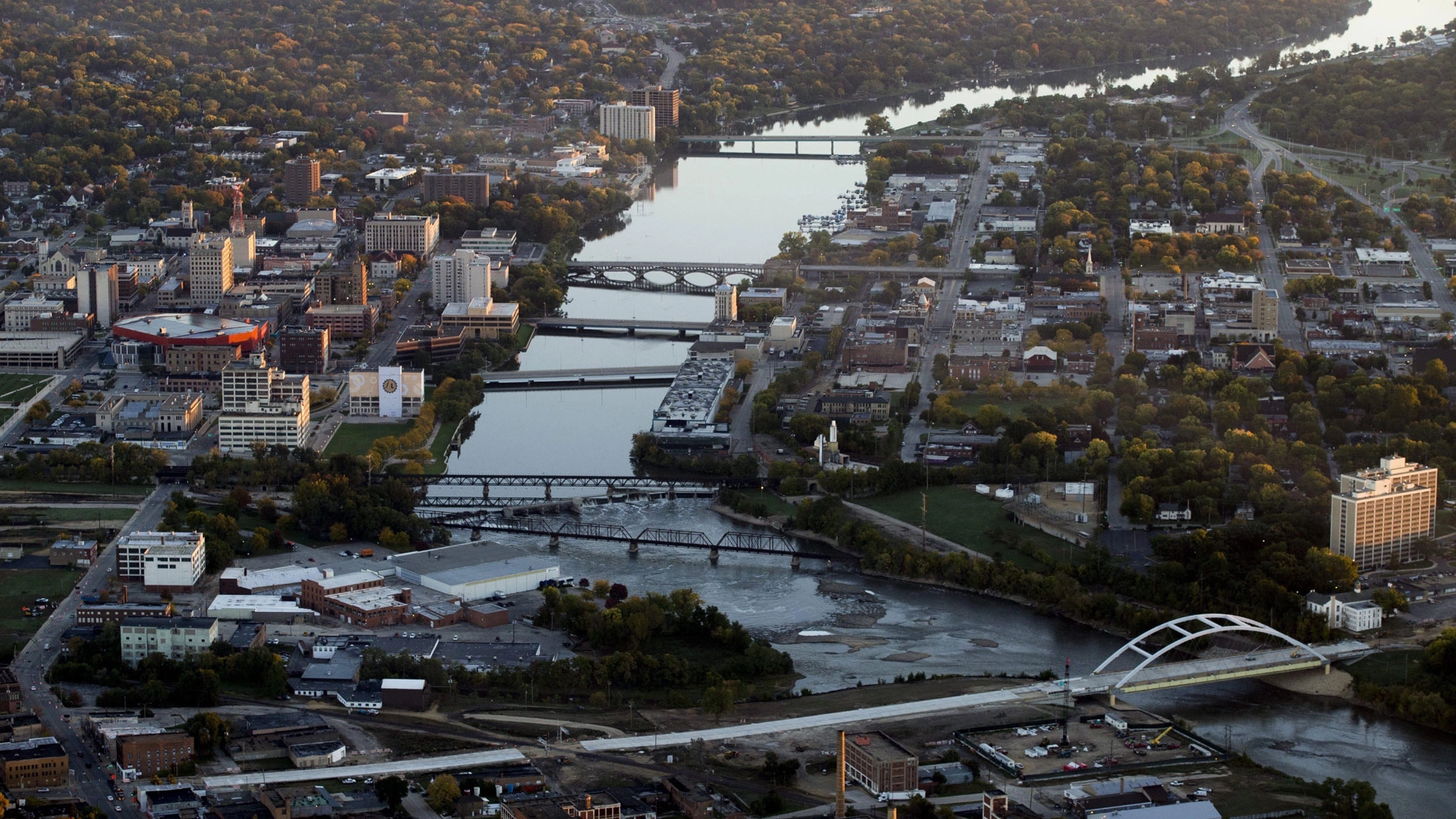 Aerial image of downtown Rockford, Illinois, looking north, with view of the Rock River.