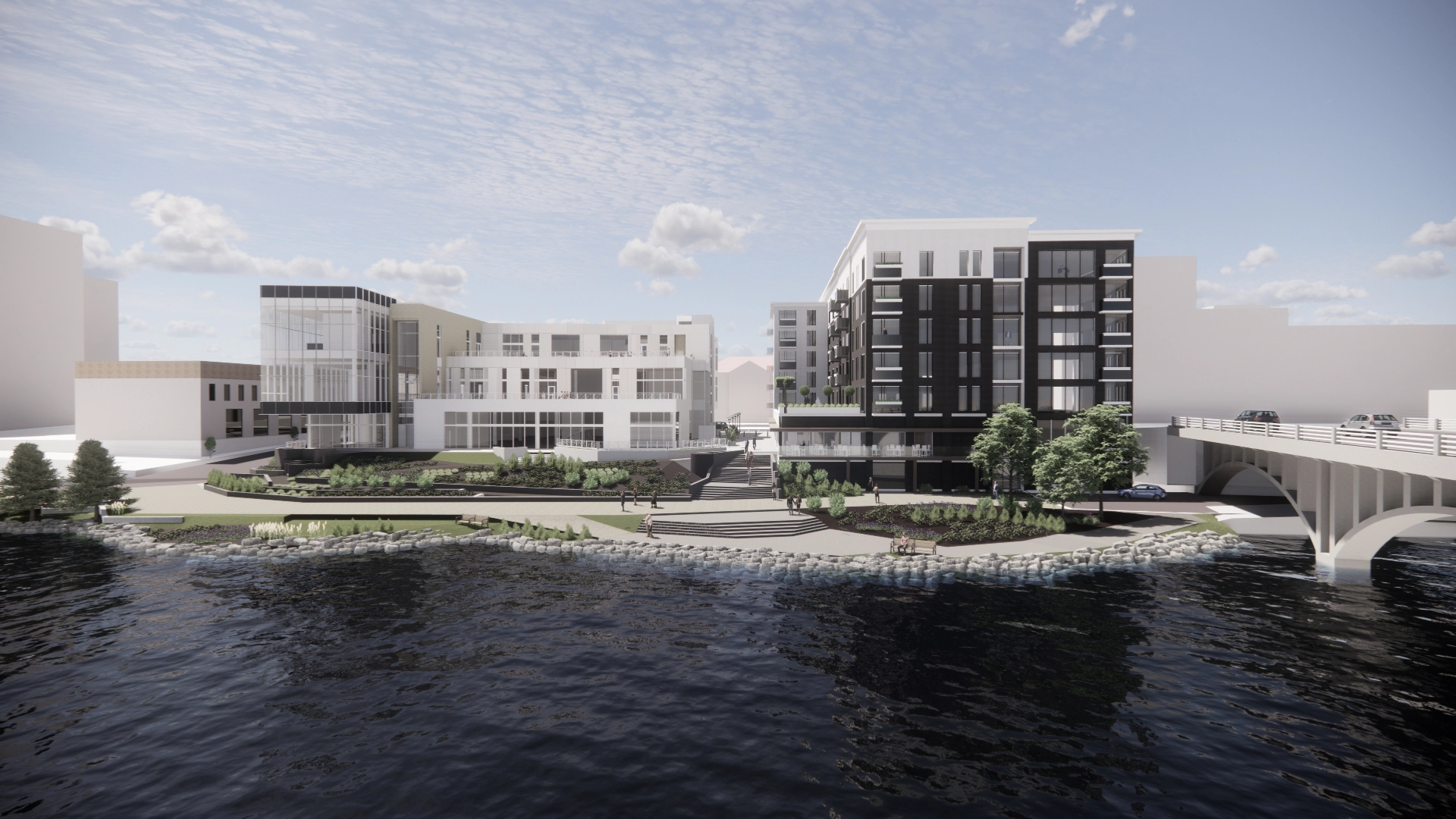 Exterior rendering of Library Lofts Development on the Rock River in downtown Rockford