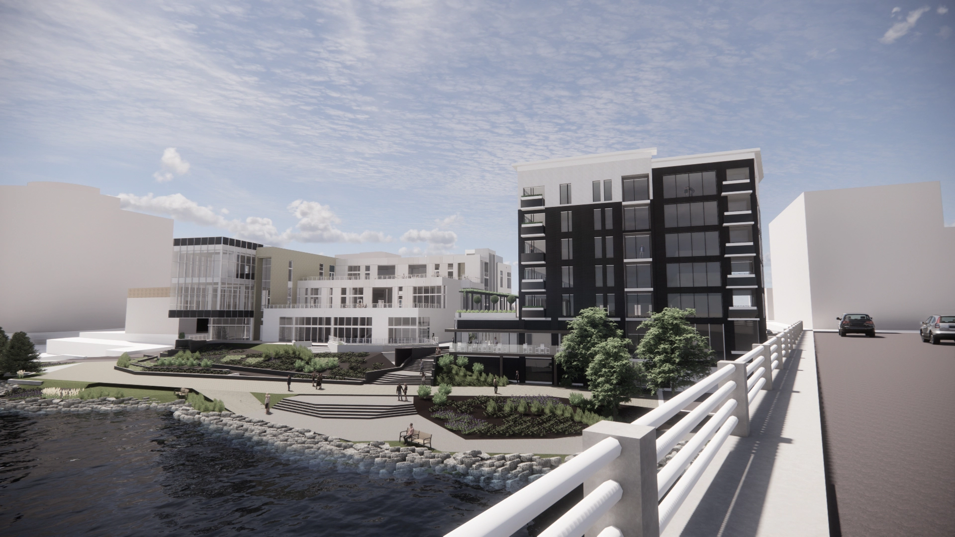 Exterior rendering of Library Lofts Development on the Rock River in downtown Rockford