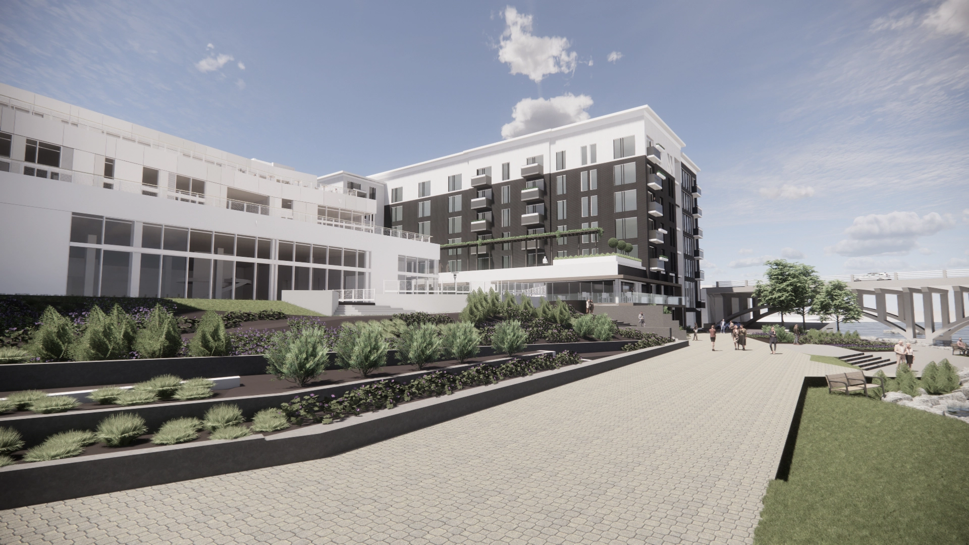 Exterior rendering of Library Lofts Development on the Rock River in downtown Rockford