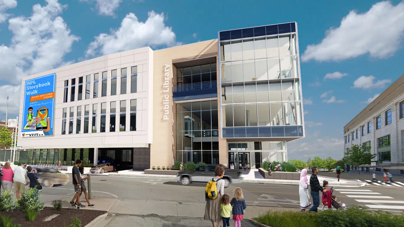 Exterior rendering of Rockford Public Library replacement branch from Wyman Street