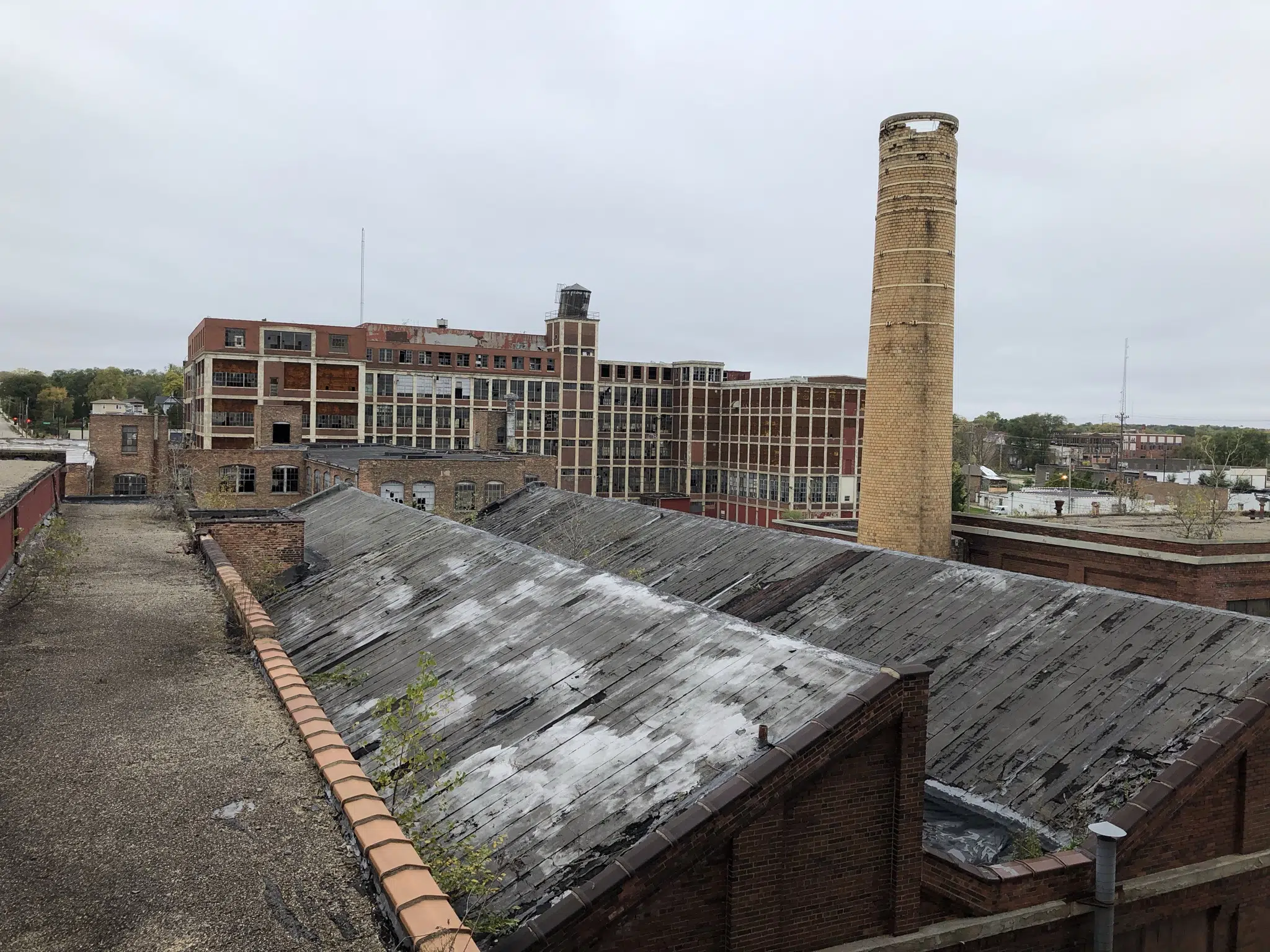 Image shows the Colman Yards campus with an overcast sky in the background and a sawtooth roof structure in the background.