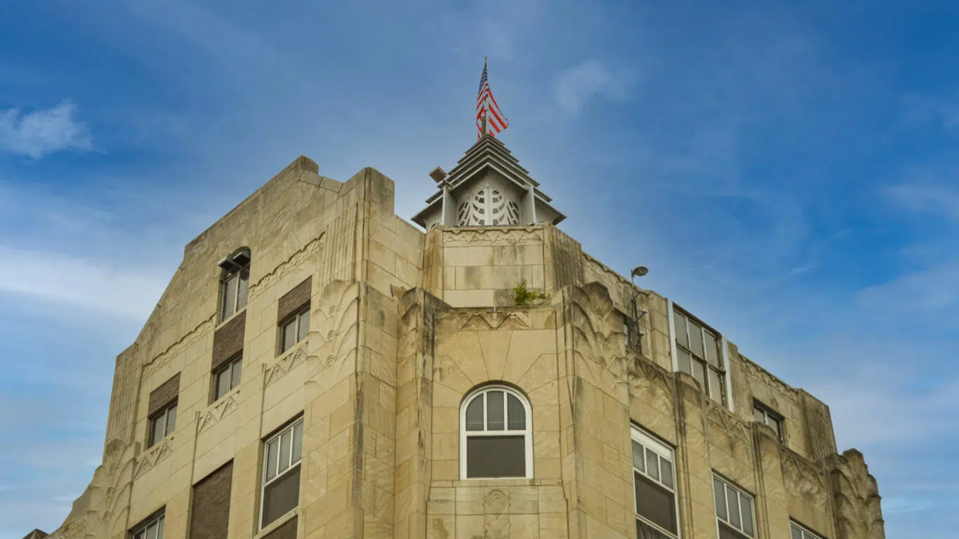 Image shows the tower roof and historic cupola of The Iconic Building in Rockford, Illinois.