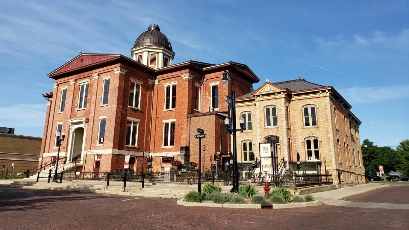 Image of the east elevation of the Old McHenry County Courthouse in Woodstock, Illinois.