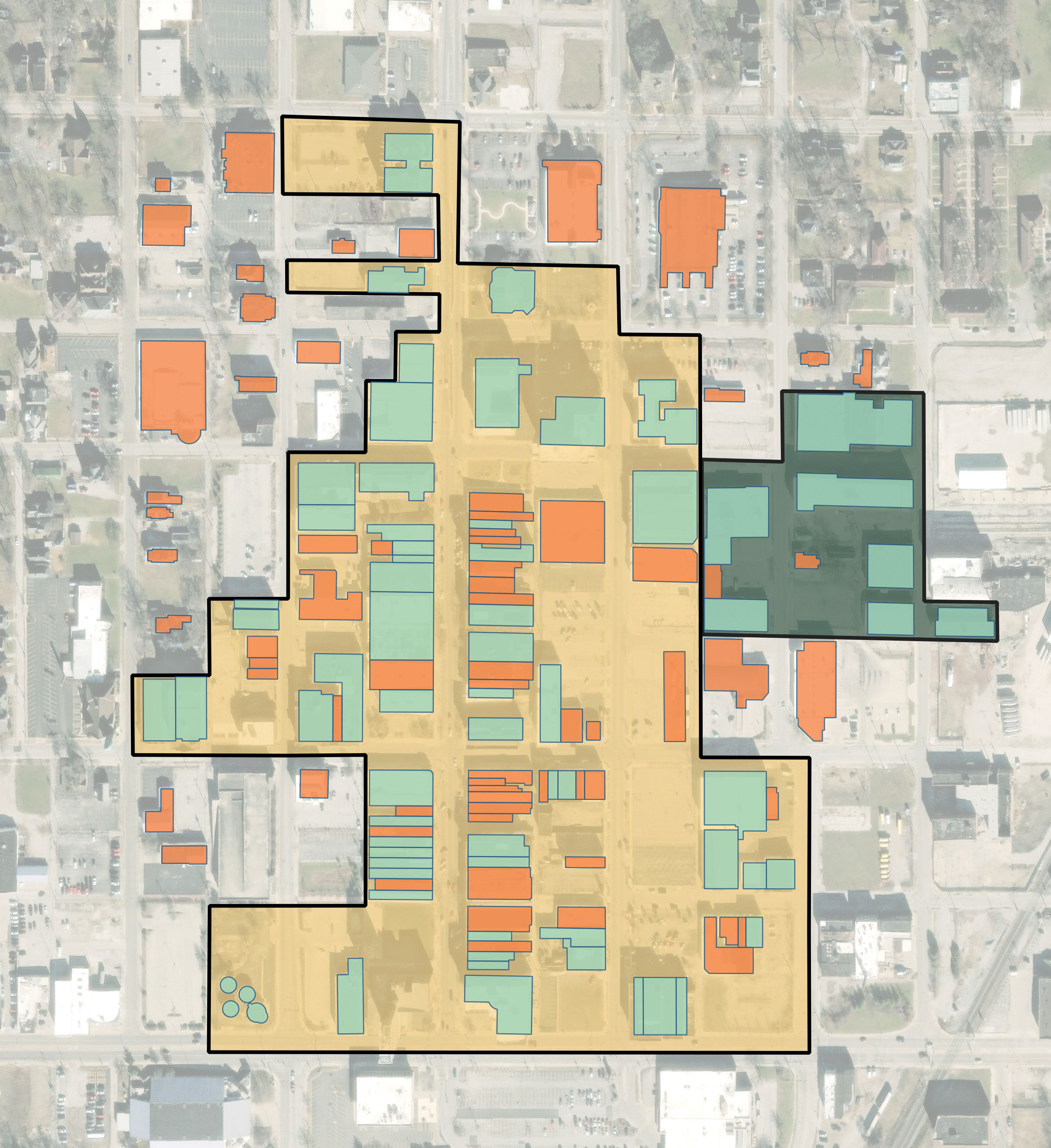 Map of Downtown Danville, Illinois with multiple colors indicating walk times from the center of downtown to its boundaries.